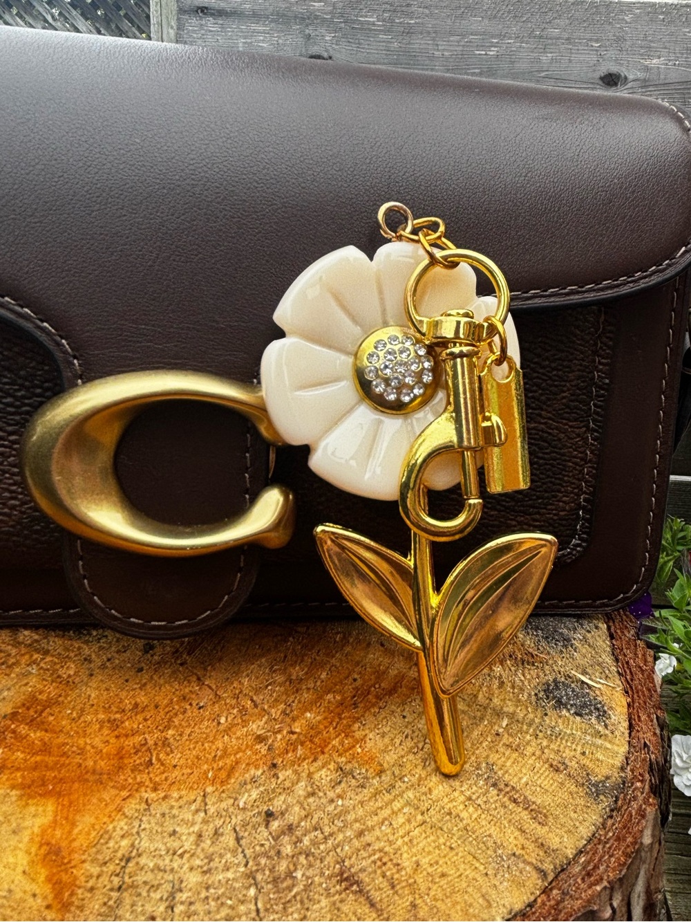 “C” Inspired Ivory Flower Bag Charm Keychain | Gold Tone